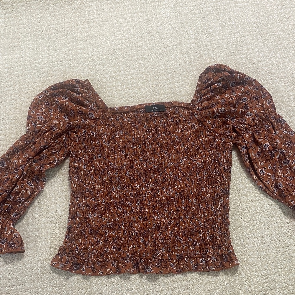 I.N. San Francisco Floral Smocked Top in Brown - Picture 8 of 15